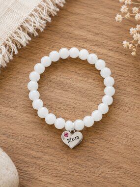 White Beaded Bracelet with Mum Heart Charm | Always a Mom | Motherhood